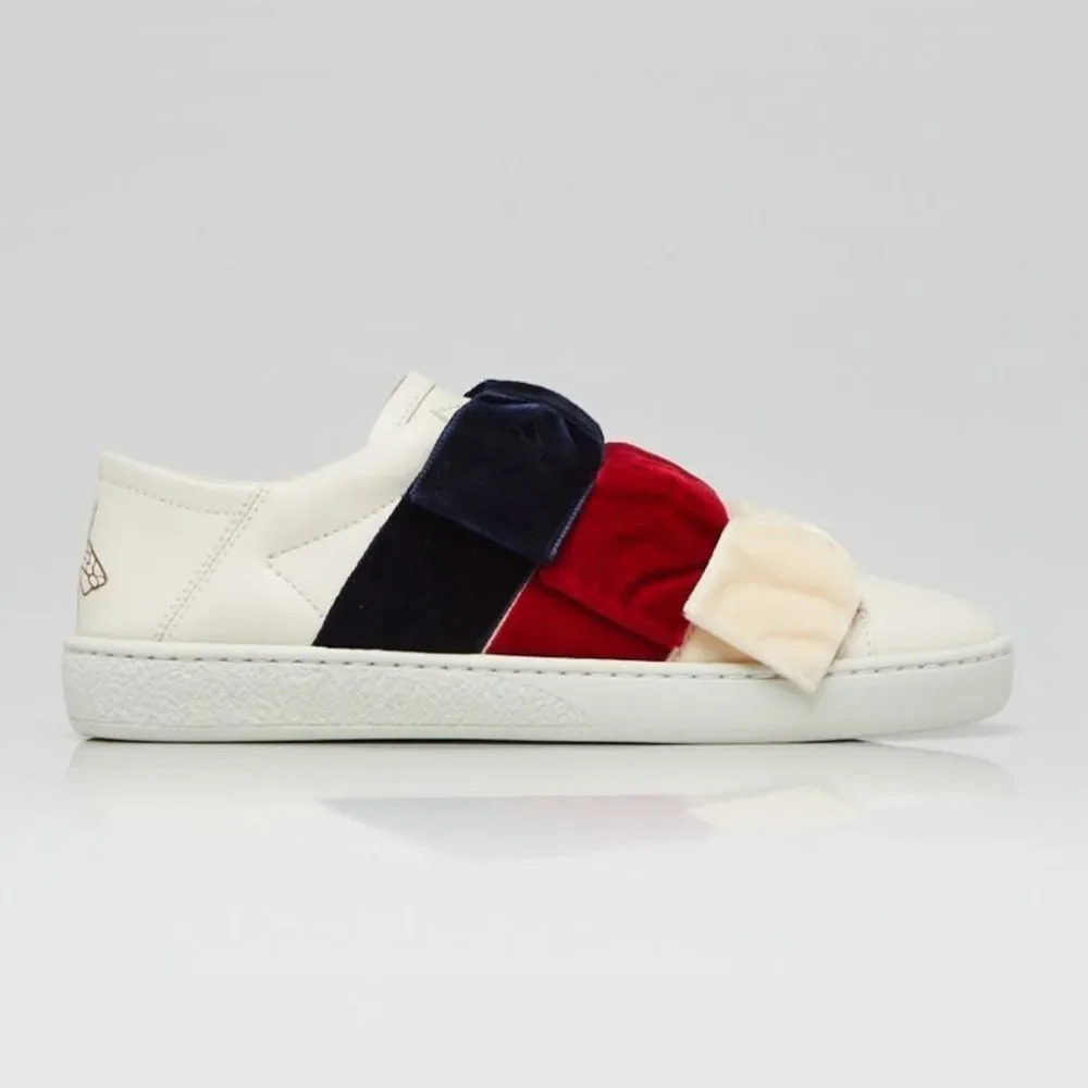 Gucci Women's Cream Leather And Velvet Bow Ace Slip On Sneakers Size 35 - Picture 5 of 16